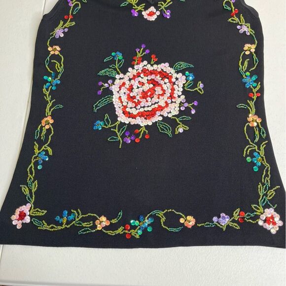 Lucia Burns Sequined Beaded Black Floral Sleeveless Sweater Top Women Size Small - Picture 11 of 15